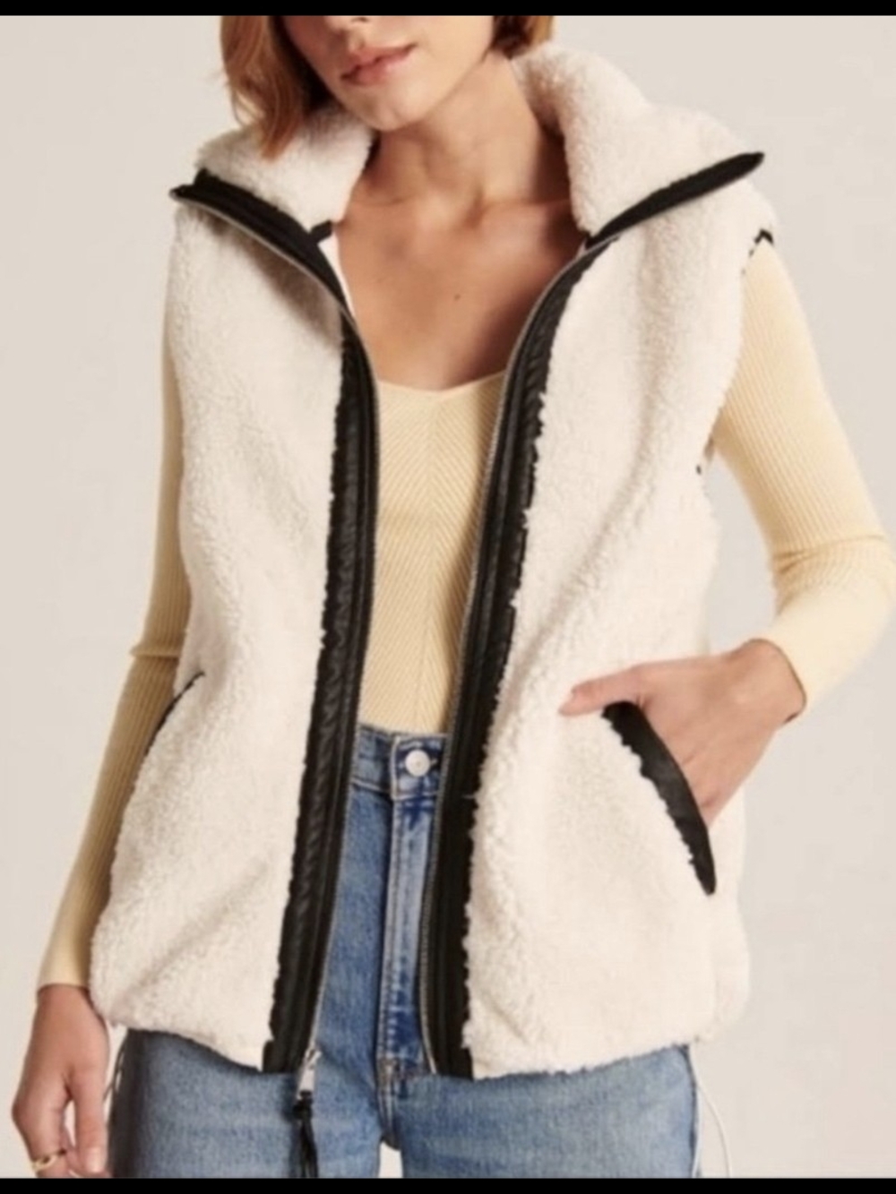 Abercrombie & Fitch Cream Sherpa Vest with Black Faux Leather Trim Small Size S